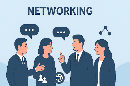 4 people in a conversation surrounded by icons that represent different ways of networking