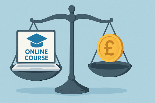A set of scales balancing the cost of an online VA course with the price