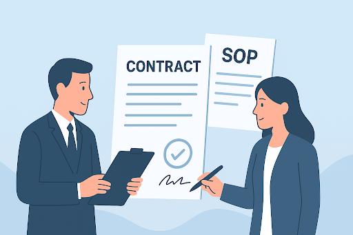 Two people creating a contract and SOP form