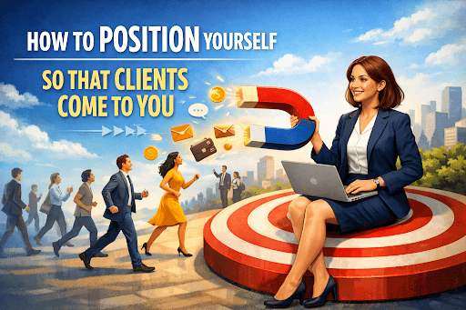 An image of a woman on her laptop sat on a target with a magnet attracting clients