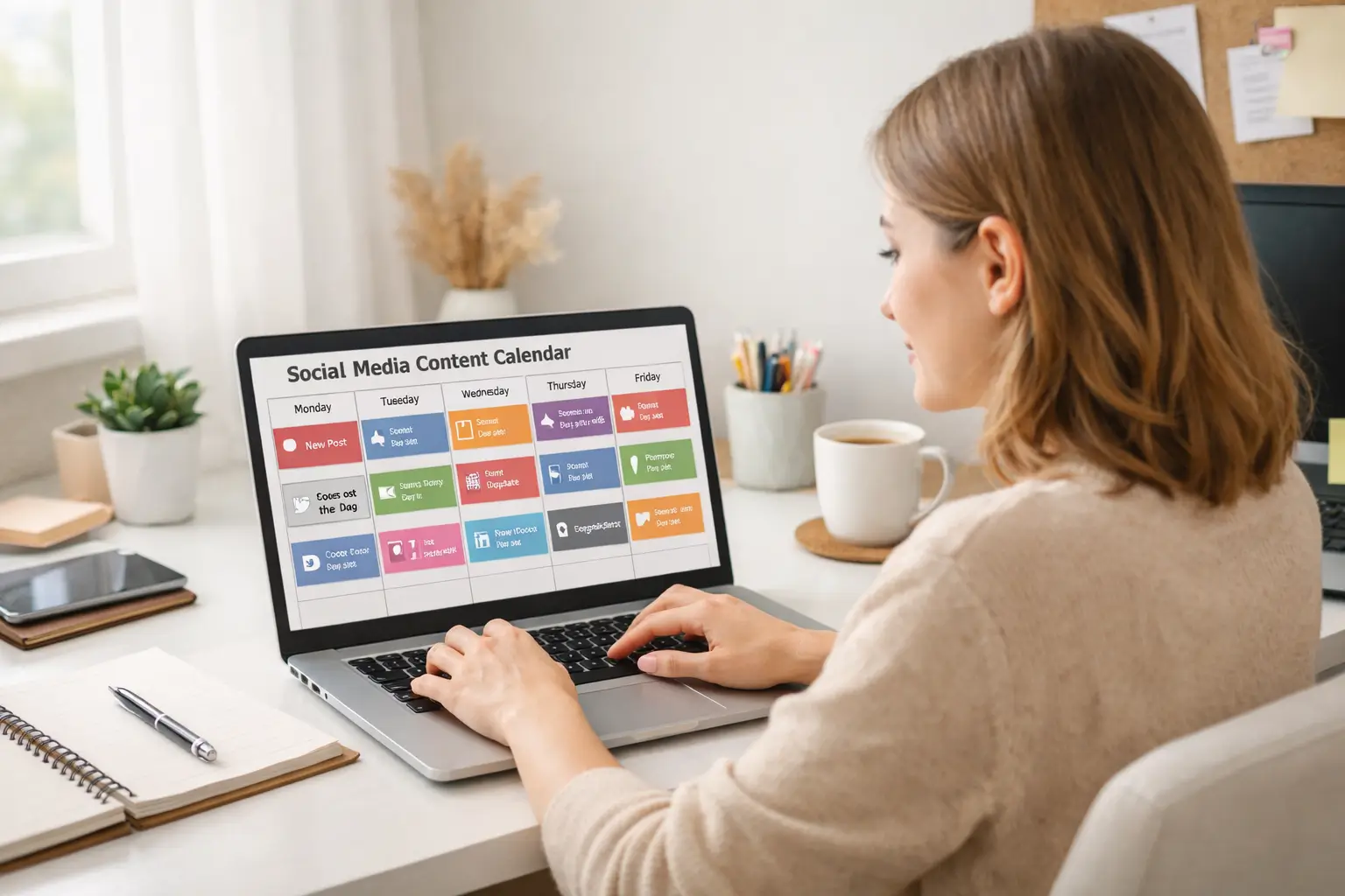 Beginner social media virtual assistant scheduling posts on laptop dashboard.