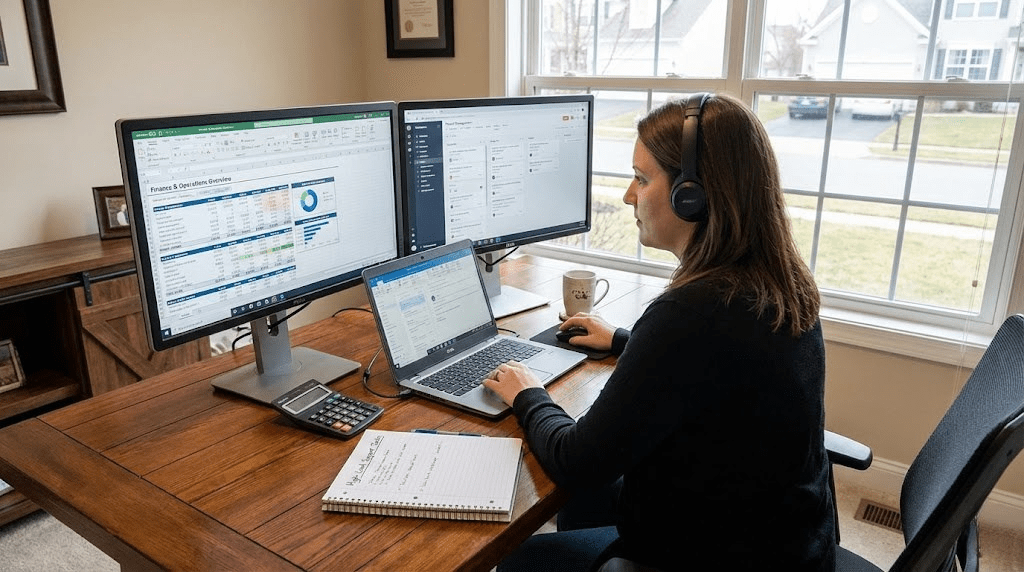 A project management dashboard showing streamlined workflows and team coordination handled by an Online Business Manager.