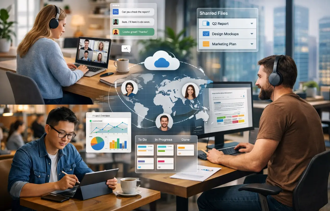 Remote team collaborating online using digital tools and cloud-based systems