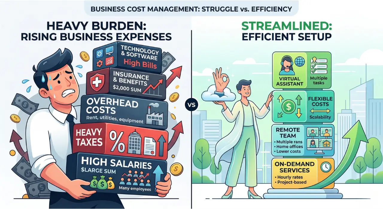 Comparison of high employee costs versus flexible virtual assistant pricing model