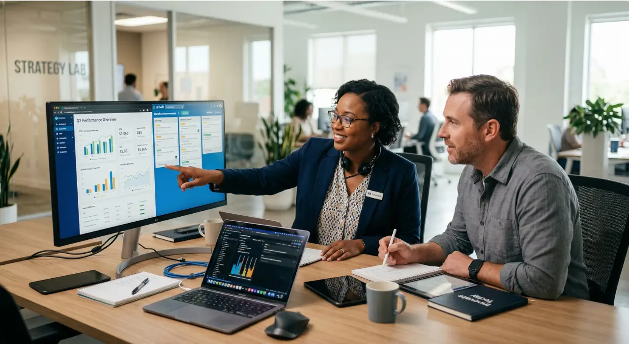 Virtual assistant collaborating with business owner to improve operations and strategy