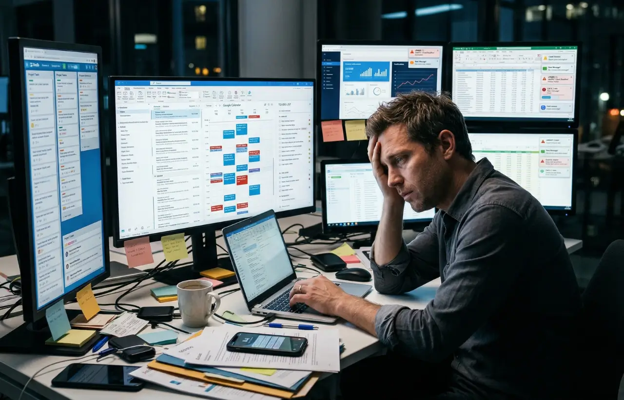 Business owner overwhelmed with emails, tasks, and notifications showing lack of time and focus