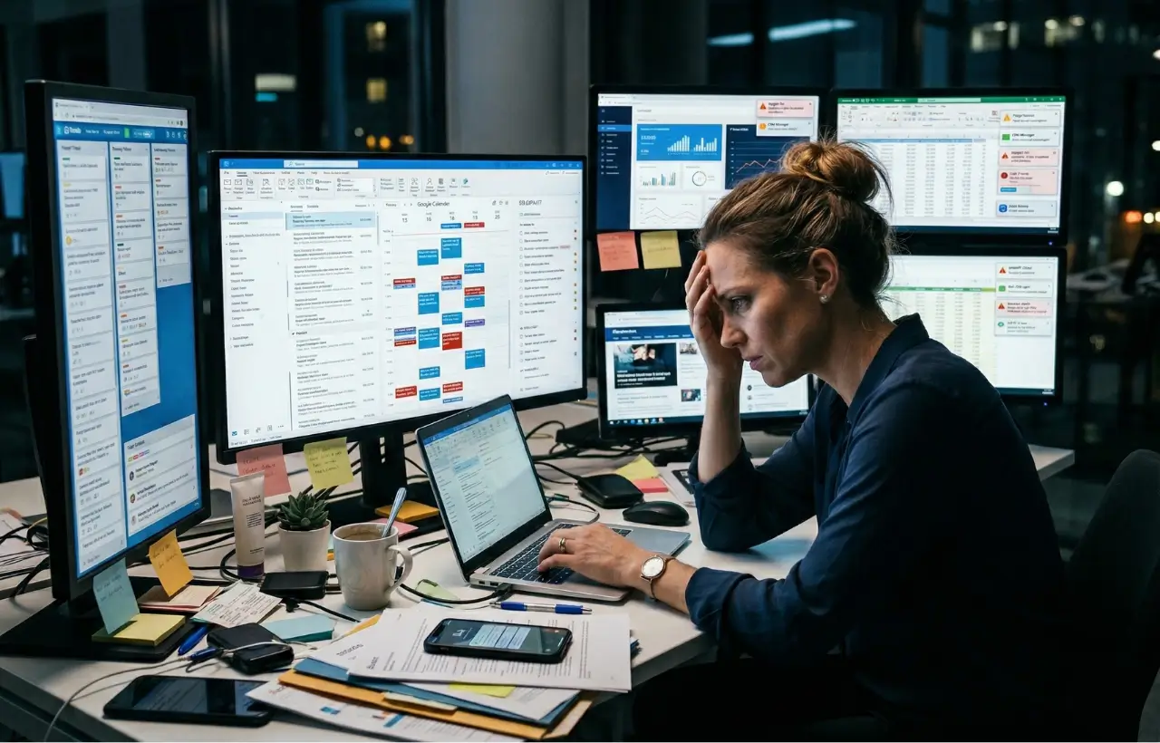 Business owner managing multiple systems like CRM, marketing, and analytics tools alone