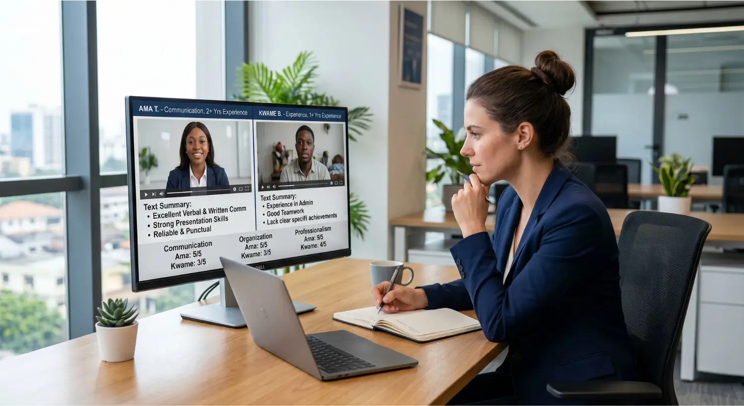 Client comparing two virtual assistant candidates based on performance and communication