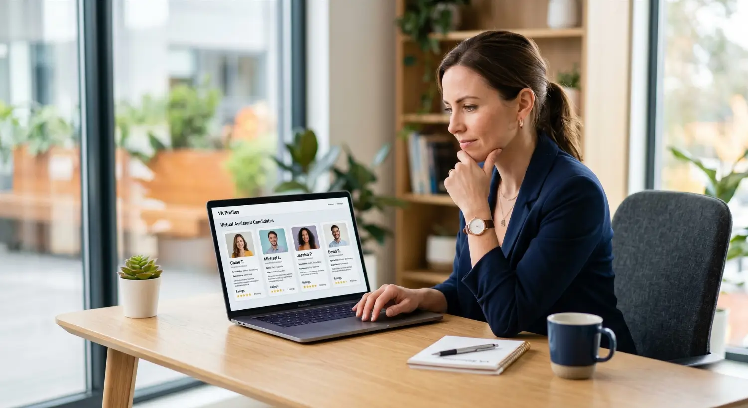 Business owner evaluating virtual assistant candidates on laptop focusing on trust and reliability