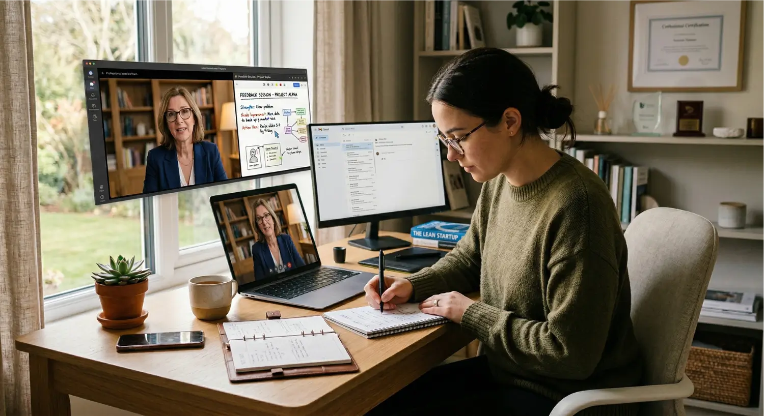 Virtual assistant student receiving mentorship and feedback through online coaching session