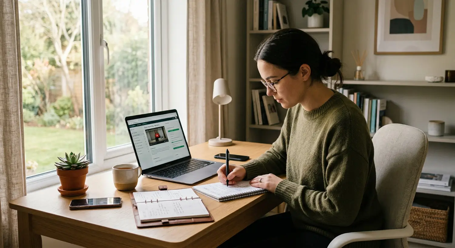 Person learning virtual assistant skills through self-study online course at home