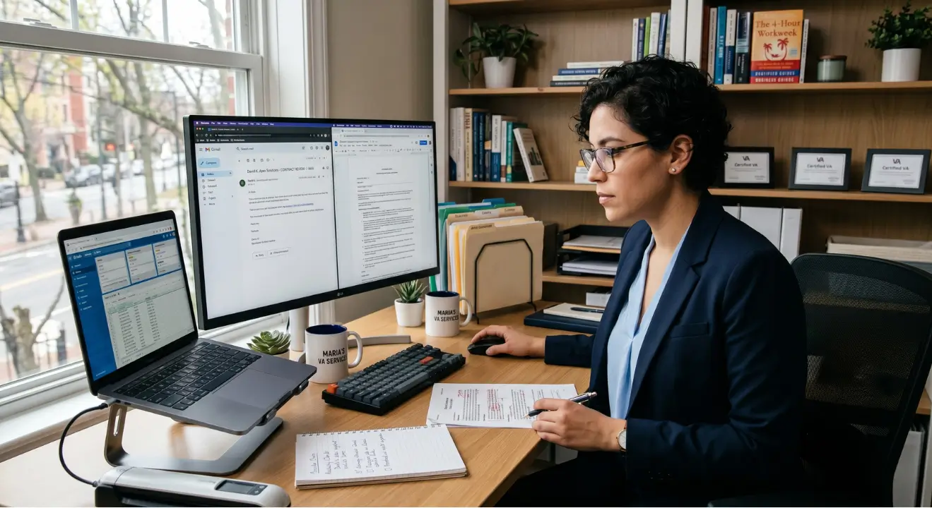 Virtual assistant checking documents carefully for errors and accuracy