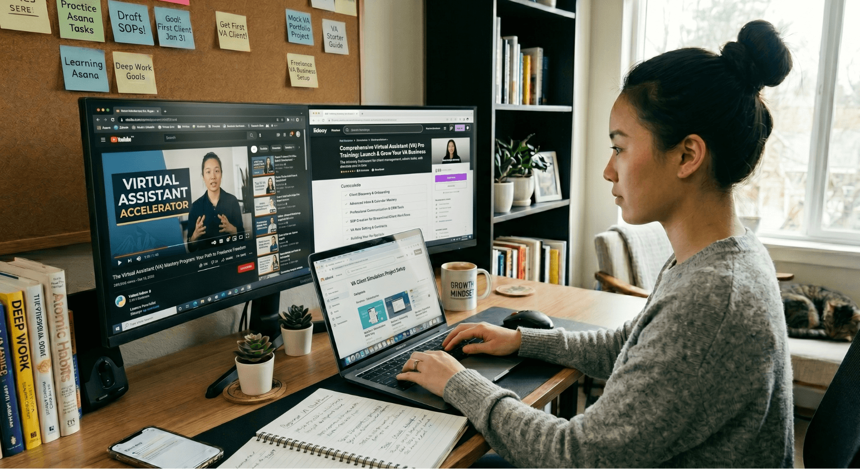 Virtual assistant learning new remote work and productivity skills online