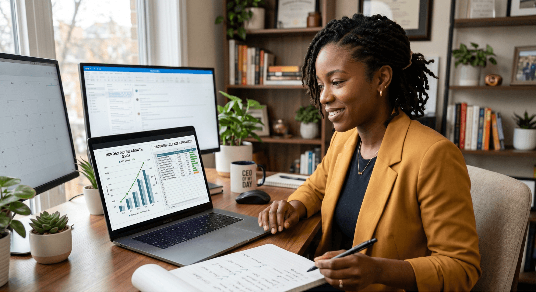 Virtual assistant tracking income growth and client projects