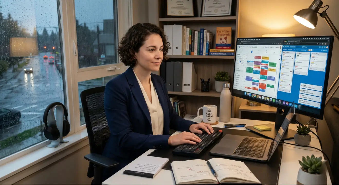 Virtual assistant staying calm and organized during busy work situations