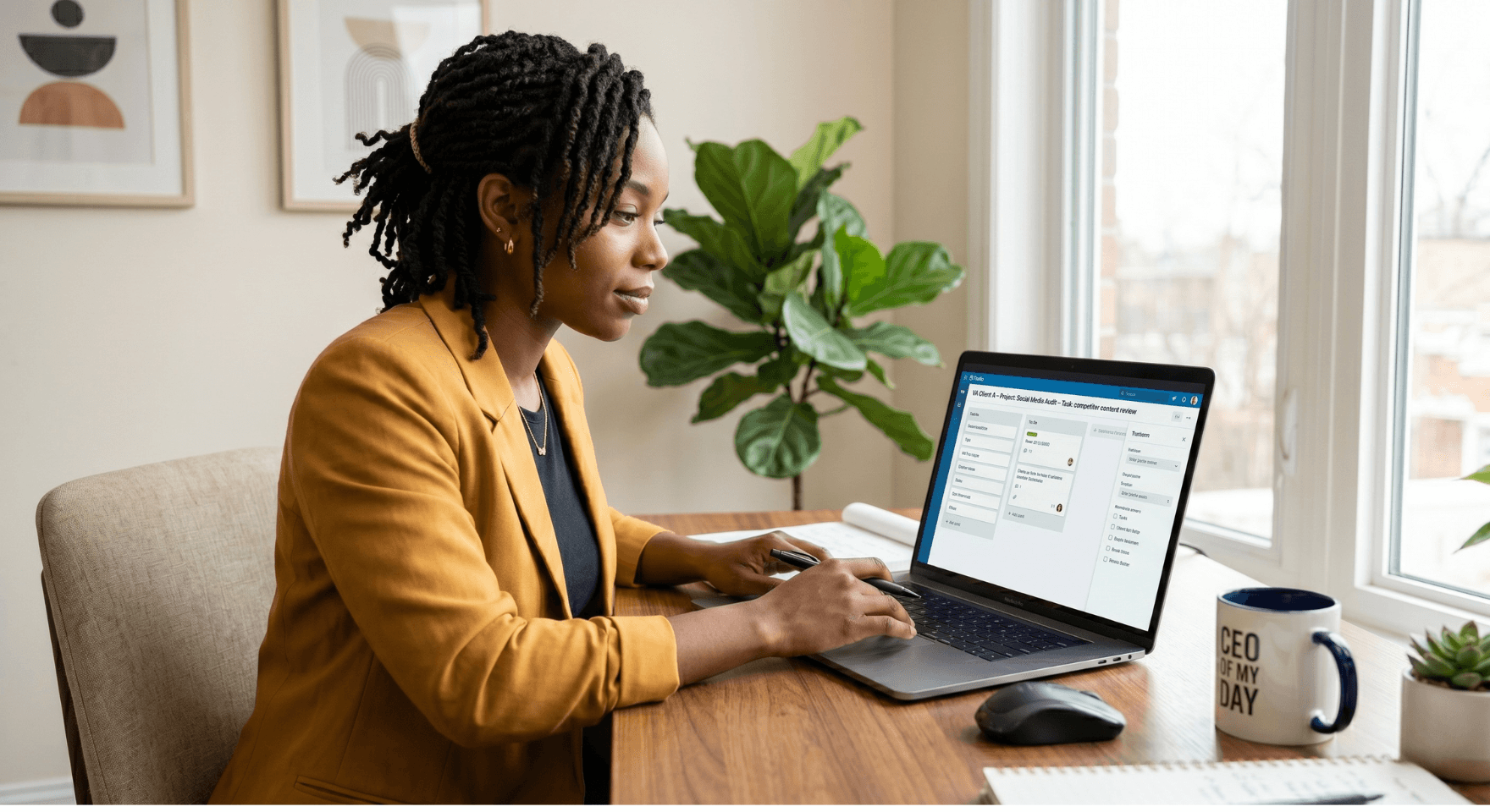 Focused virtual assistant working efficiently in organized workspace