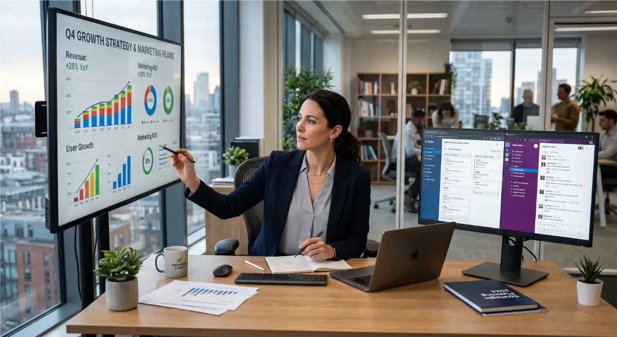 Entrepreneur focusing on strategic business growth while support staff manage daily operations