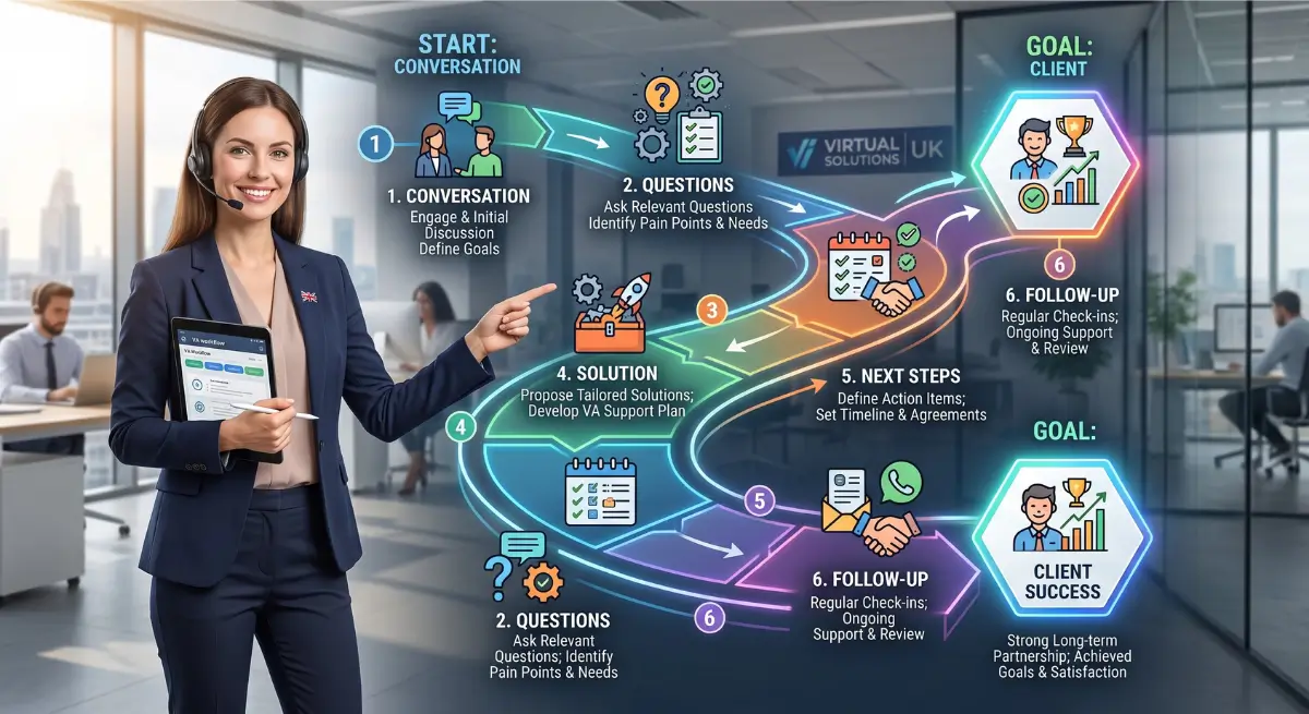 Visual framework showing the steps Virtual Assistants use to turn conversations into long-term clients.