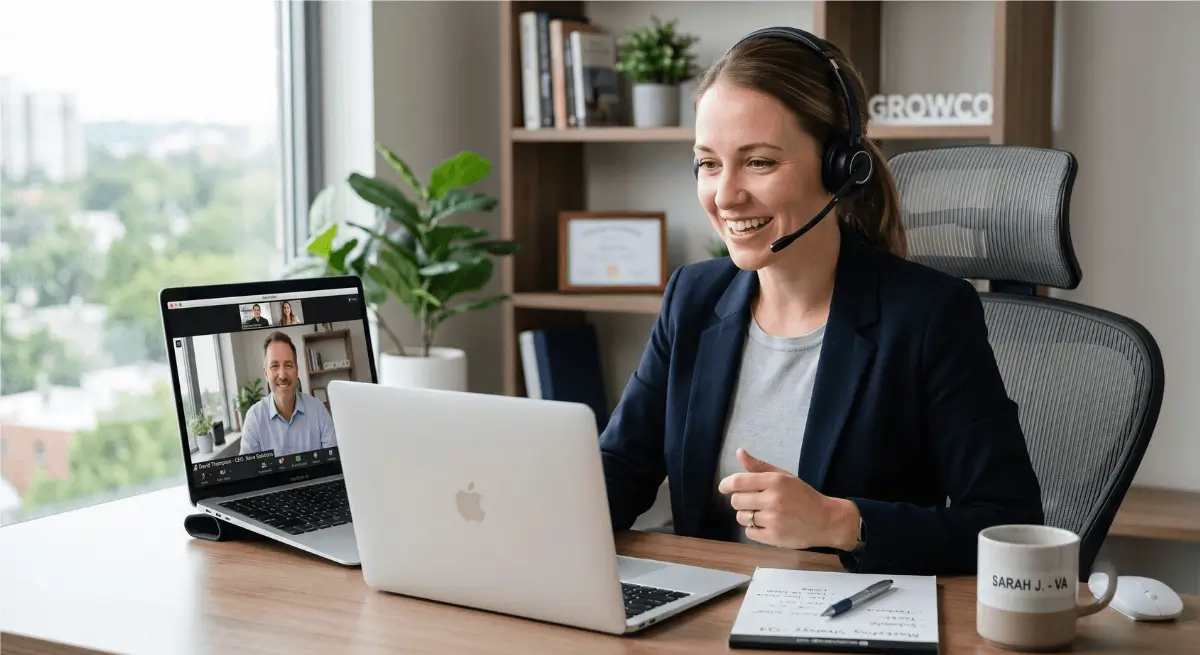 Business owner consulting with a professional virtual assistant about business support