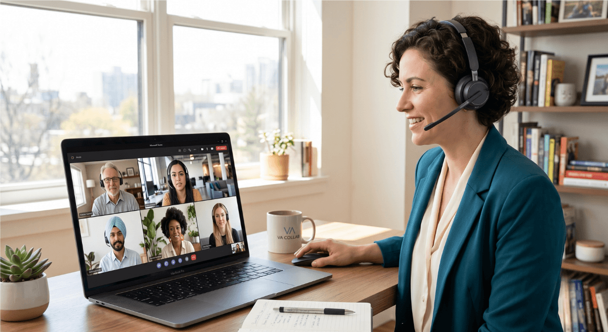Professional virtual assistant team collaborating with a business owner online