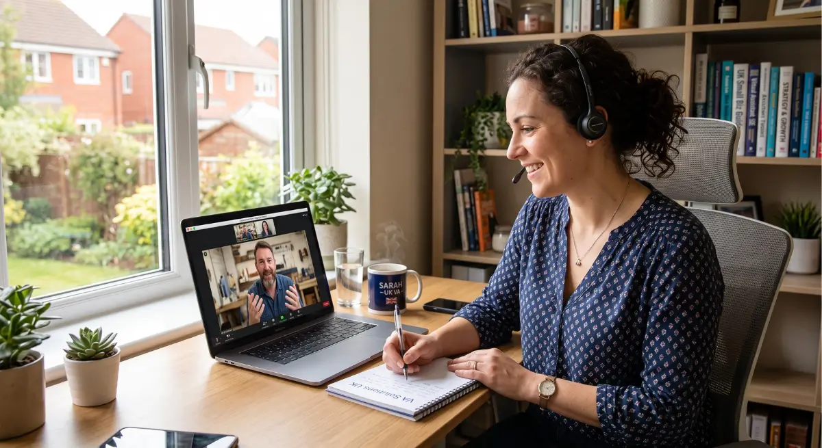 UK Virtual Assistant helping a business owner solve problems during a friendly client consultation instead of using sales tactics.