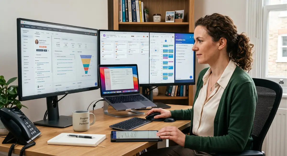Virtual Assistant organizing client conversations with CRM software, reminders, and workflow management tools.