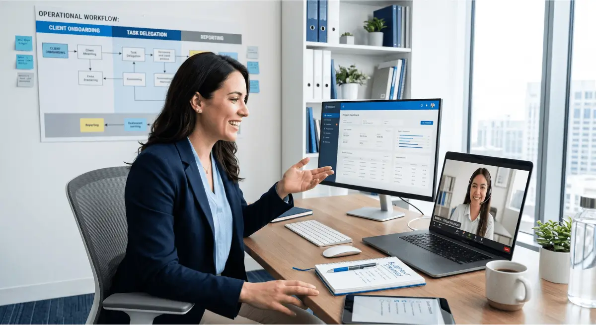 Business owner working with a virtual support team to improve business operations and productivity