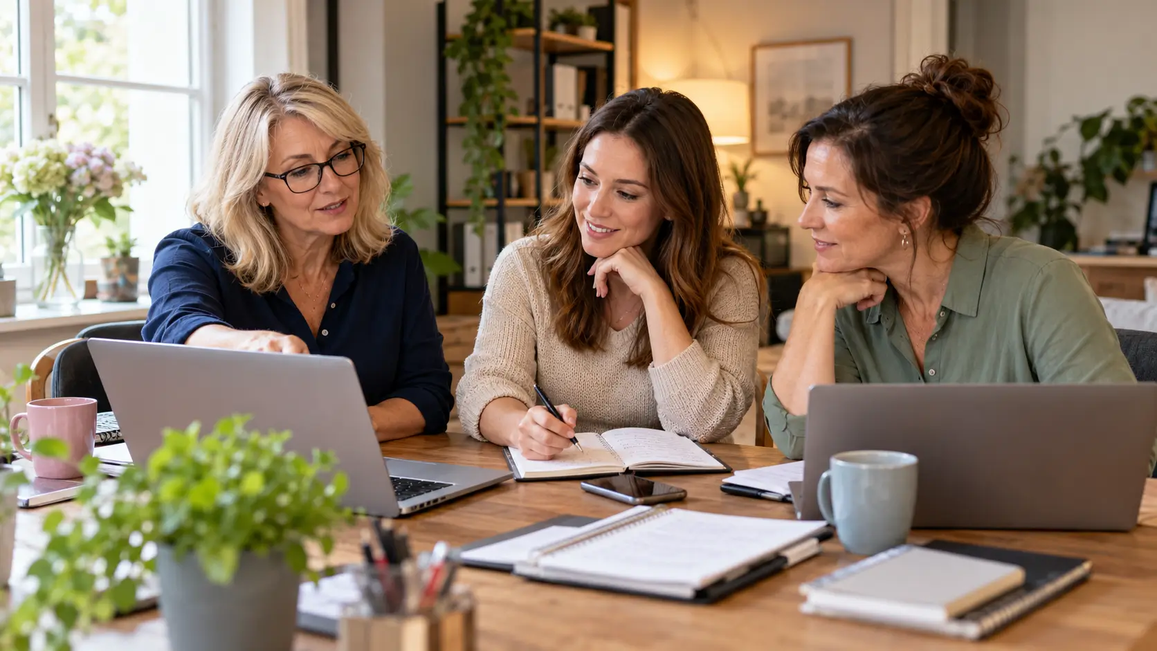Experienced female Virtual Assistant mentoring two women on professional skills, services and business growth in a UK workspace.