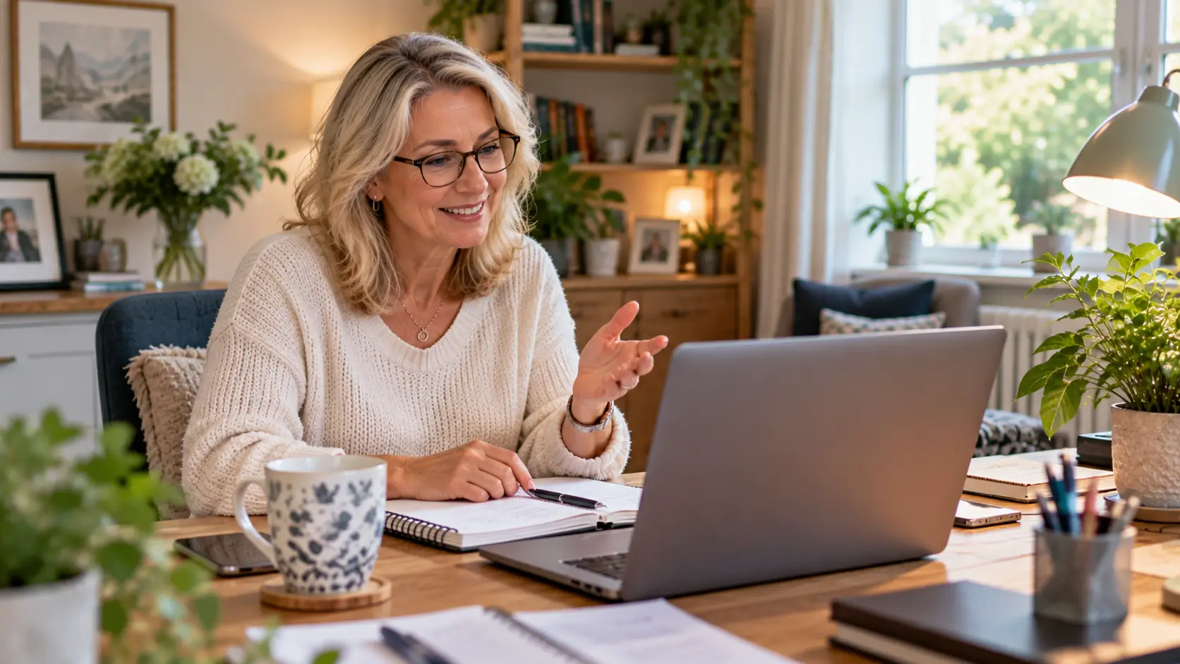 Successful female Virtual Assistant in her 50s working with a client remotely from her UK home office.