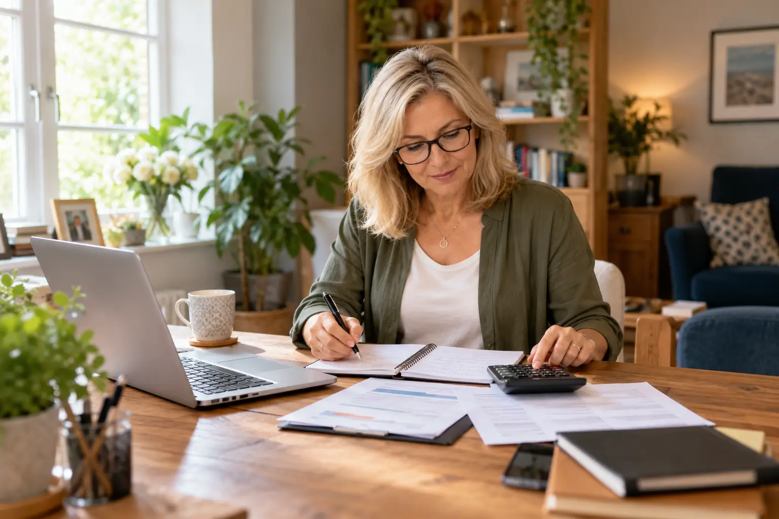 Professional female Virtual Assistant working from her UK home office while reviewing freelance income and business finances.